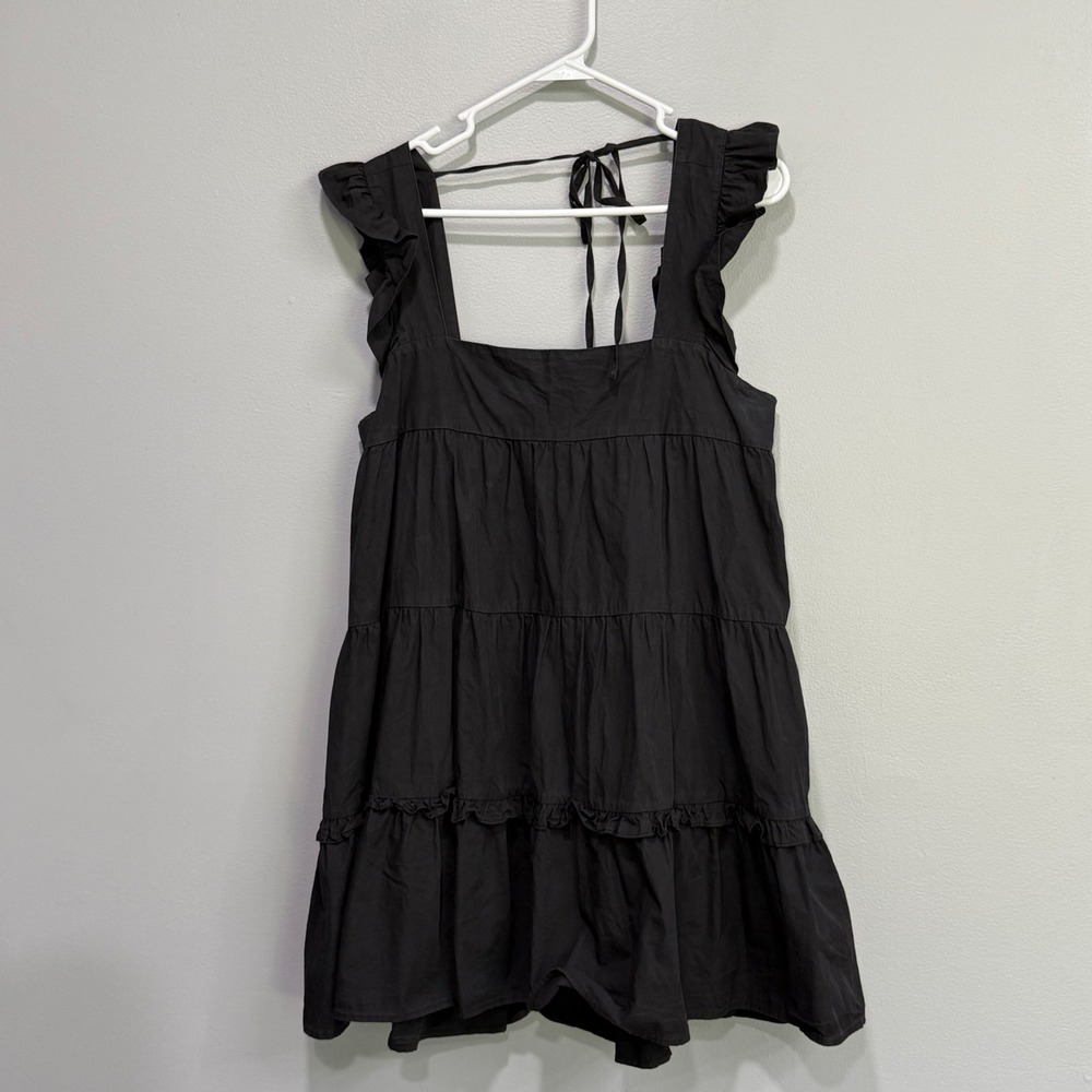Day + Moon Black Ruffle Tiered Mini Dress Smocked Back Tie L AL540 Womens Large